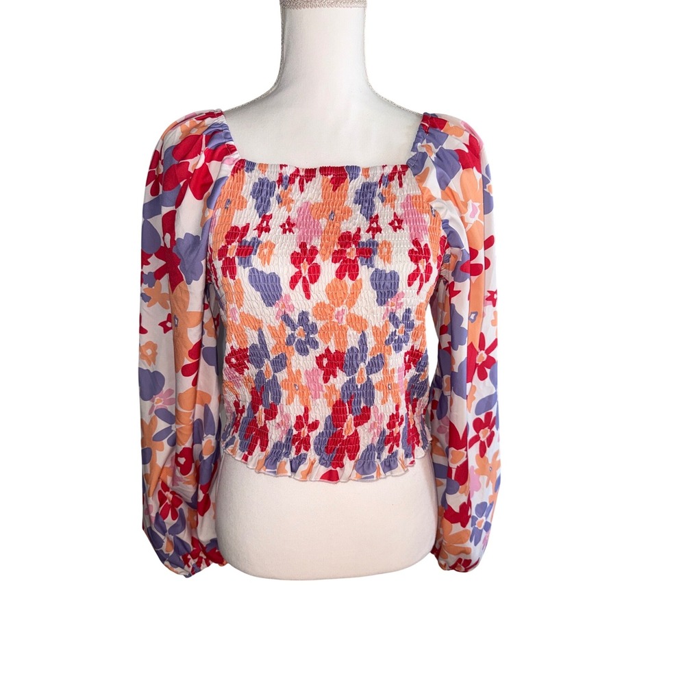 SHEIN Curve Floral Smocked Poofy‎ Sleeve Crop Top Square Neck Blouse 0XL
